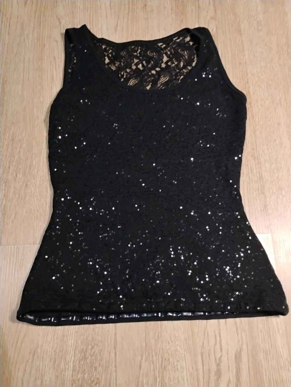 Women’s Y2K Rave Festival 90s Whimsical Black Sequin Beaded Slimming Tank Top L